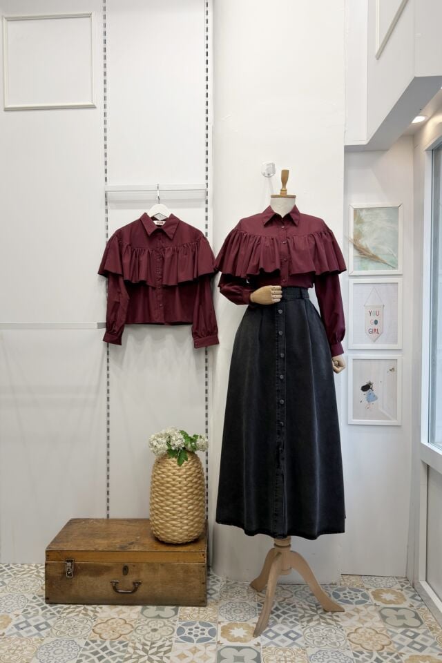 Bordo Poplin Pelerin Gömlek