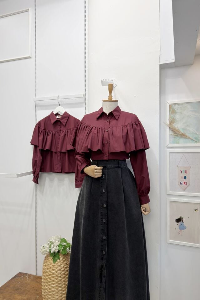 Bordo Poplin Pelerin Gömlek