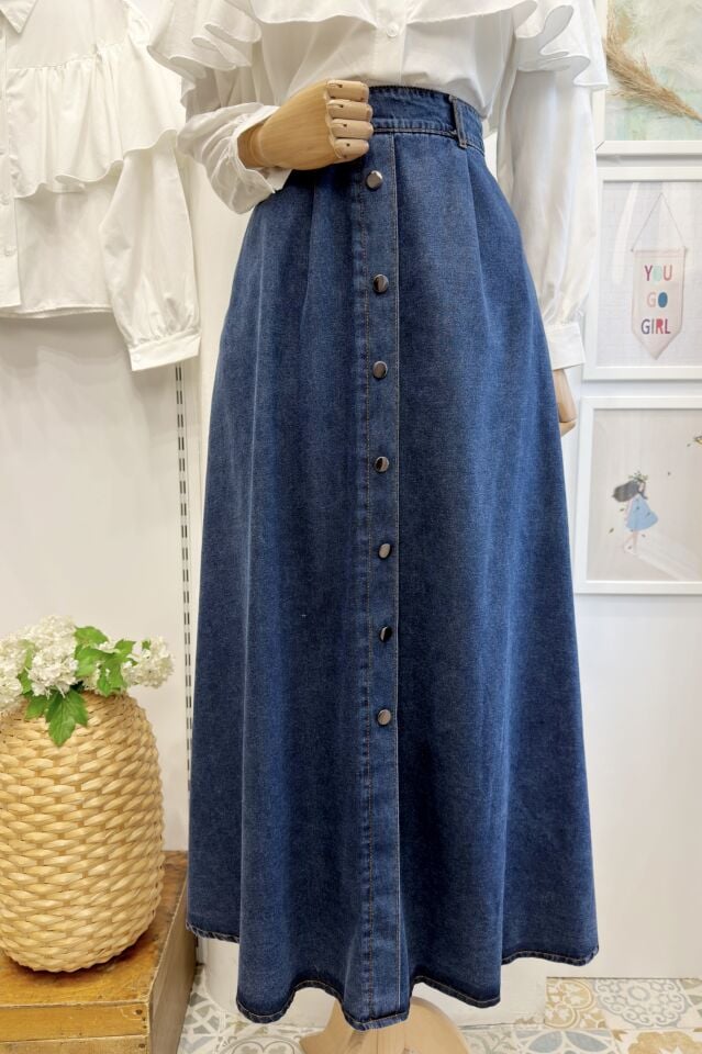 Lacivert Önü Düğmeli Corsen Kot Etek