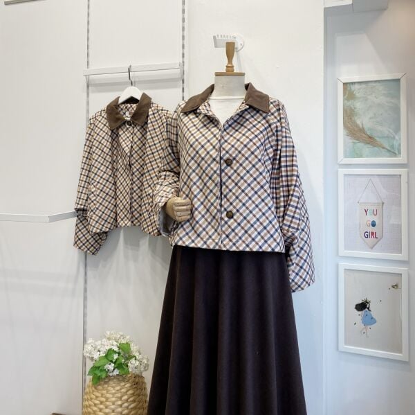 Ekose Desenli Oversize Süet Ceket