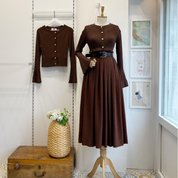 Deri Kemerli Çikolata Kahve Lacelle Yün Etek