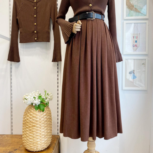 Deri Kemerli Çikolata Kahve Lacelle Yün Etek