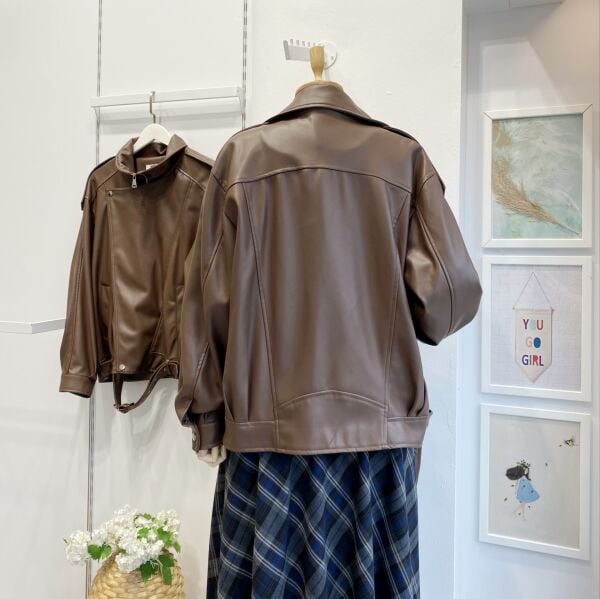 Kahverengi Oversize Deri Ceket