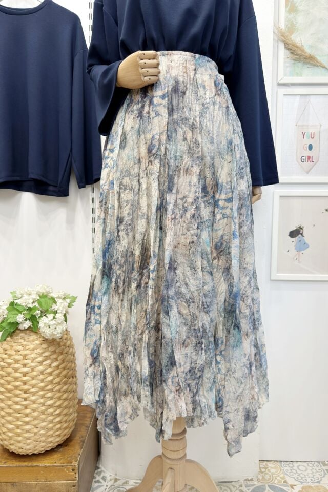 Mavi Ebruli Desenli Asimetrik Şifon Etek