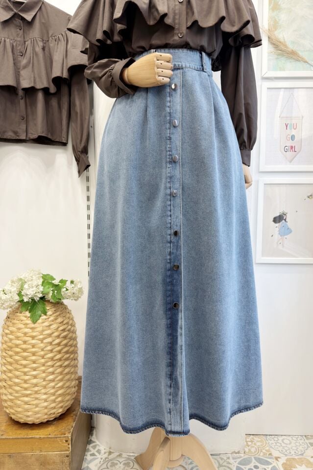 Mavi Önü Düğmeli Corsen Kot Etek