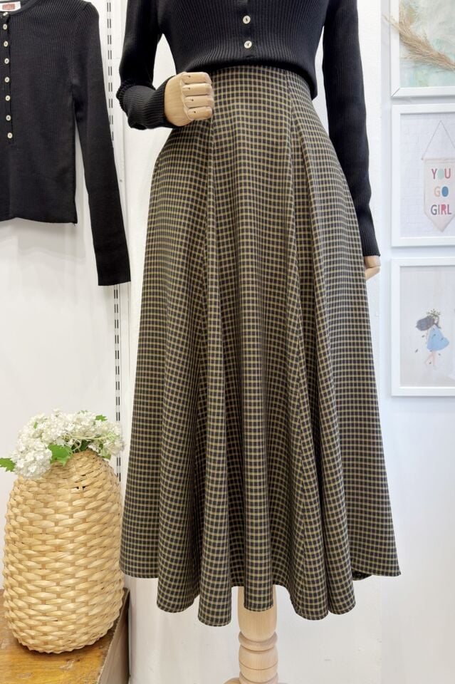 Haki Yeşili Siyah Pötikareli Viskon Etek