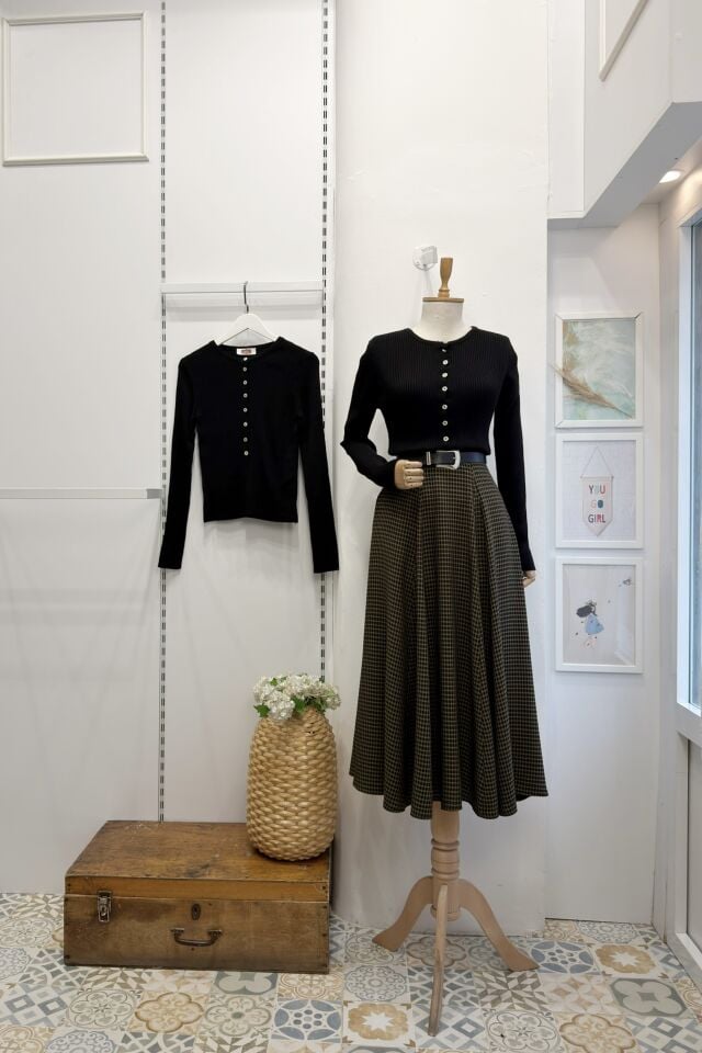 Haki Yeşili Siyah Pötikareli Viskon Etek