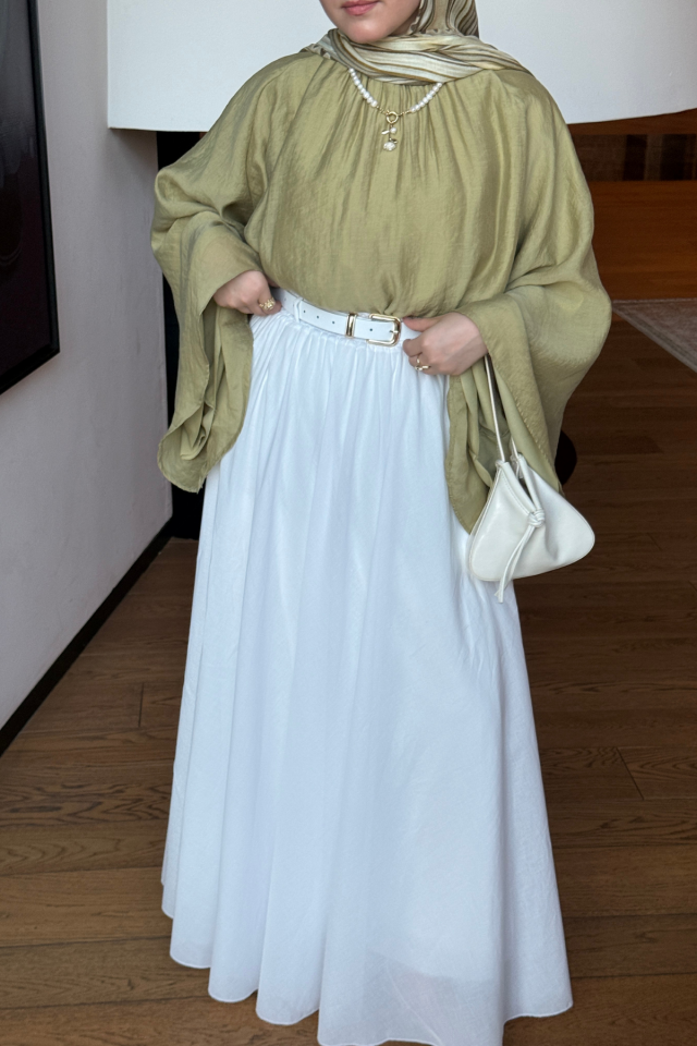 Faya Girls x Beyaz Ceinture Kemerli Keten Etek
