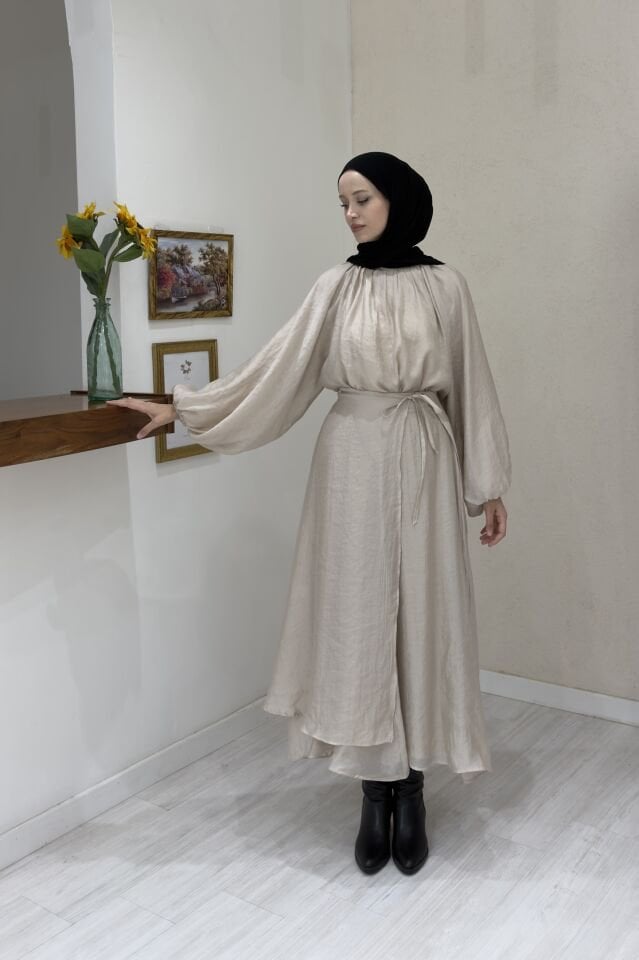 Dalgalı Şifon Kumaş Vizon Balon Kol Takım