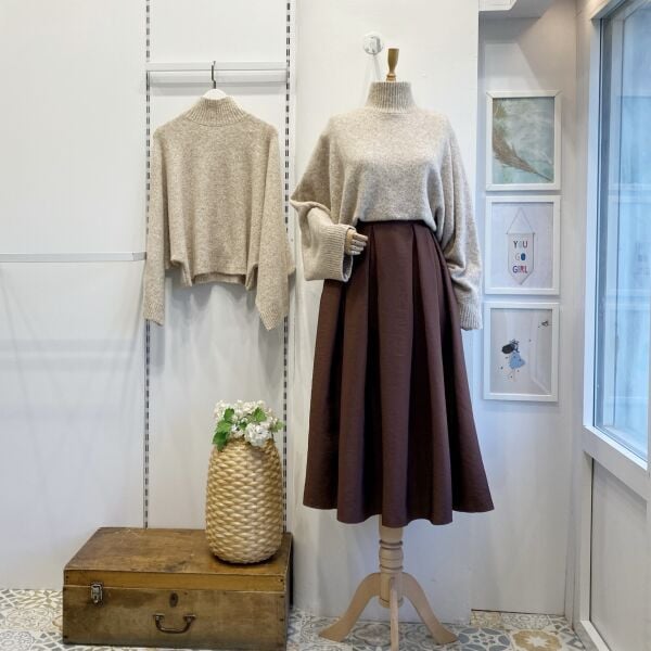 Kalın Pileli Kahverengi Paraşüt Kumaş Etek