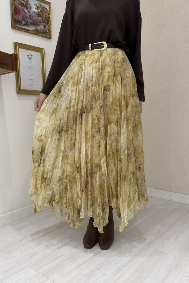 Sarı Ebruli Desenli Asimetrik Şifon Etek