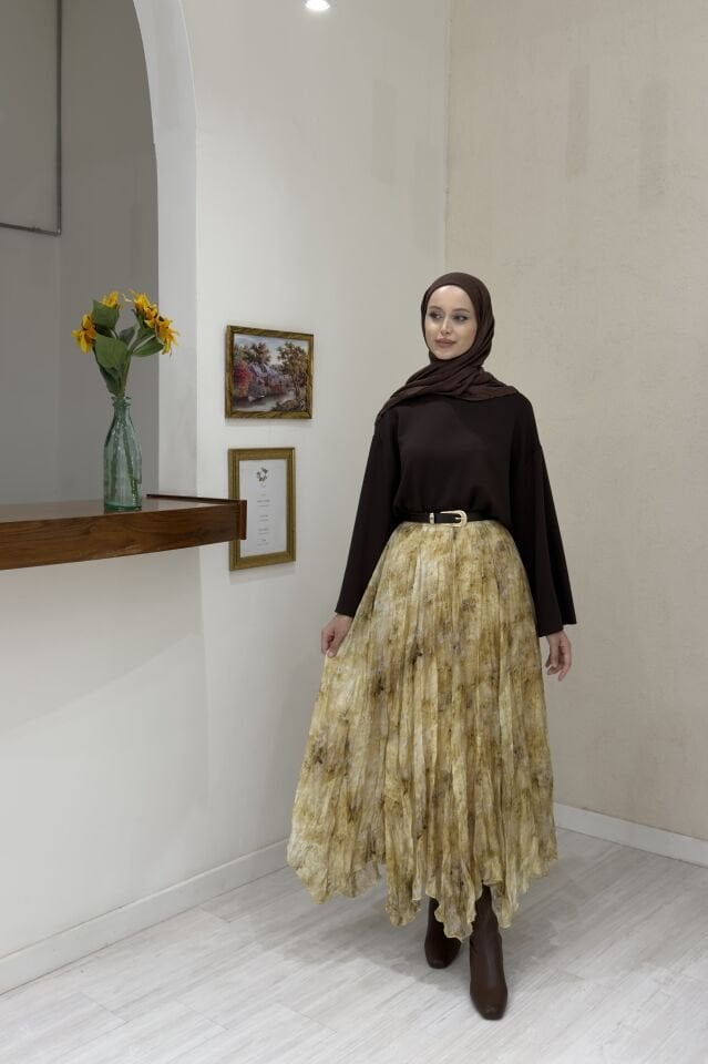 Sarı Ebruli Desenli Asimetrik Şifon Etek