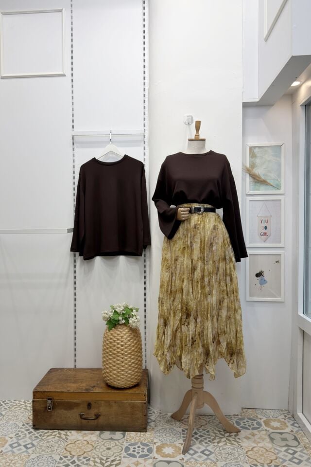 Sarı Ebruli Desenli Asimetrik Şifon Etek