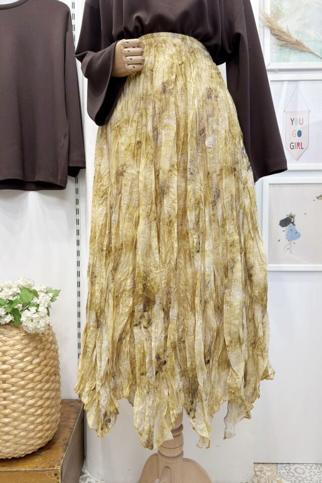 Sarı Ebruli Desenli Asimetrik Şifon Etek