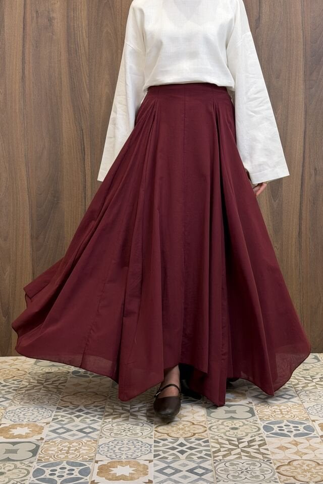 Bordo Asimetrik Kesim Volia Etek