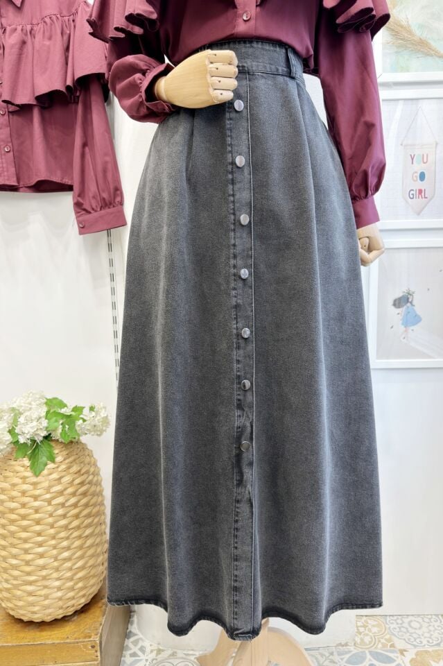 Antrasit Önü Düğmeli Corsen Kot Etek