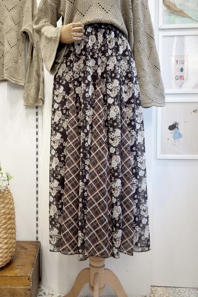 Kahverengi Çiçek Desenli Şifon Olivia Etek