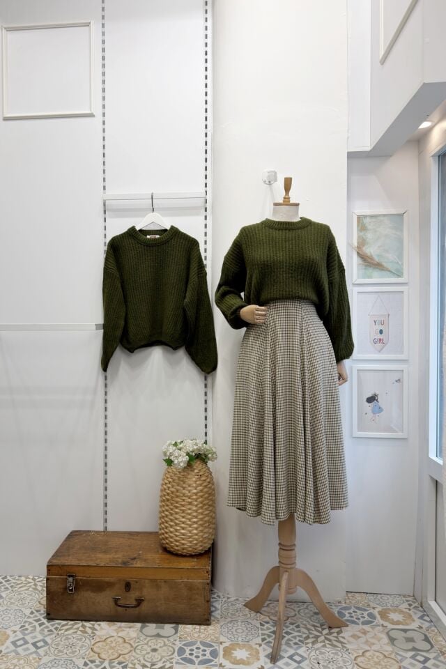 Krem Yeşil Pötikareli Viskon Etek