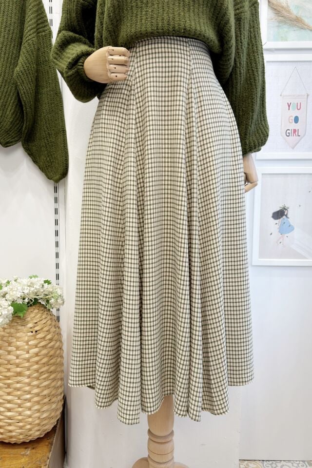 Krem Yeşil Pötikareli Viskon Etek