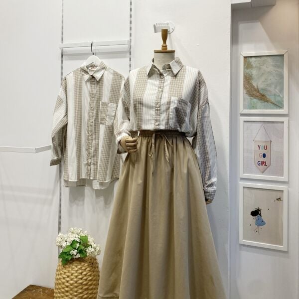 Yeşil Çizgili Oversize Viskon Gömlek