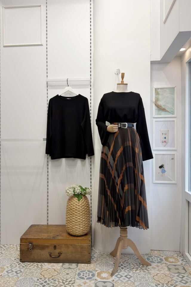 Gri Turuncu Desenli Pileli Şifon Etek