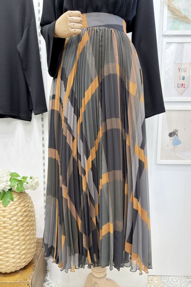 Gri Turuncu Desenli Pileli Şifon Etek