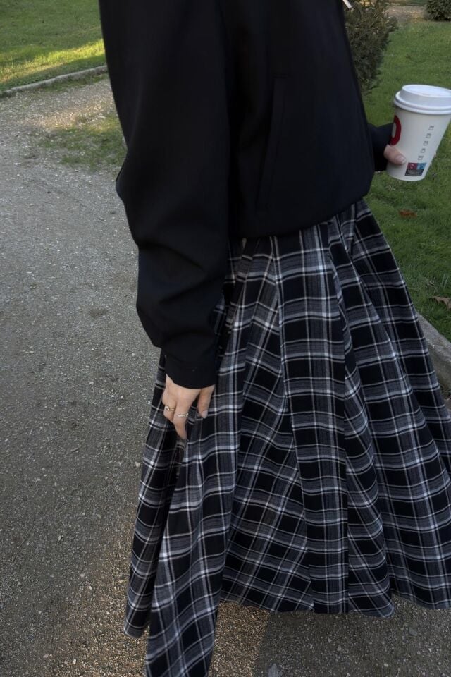 Faya Girls x Siyah Deri Kemerli Ekoseli Grazia Etek