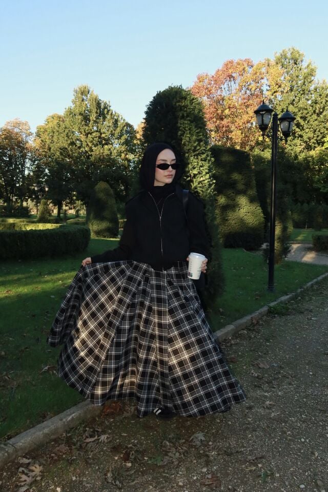 Faya Girls x Siyah Deri Kemerli Ekoseli Grazia Etek