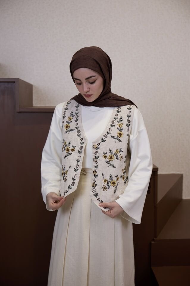 Vizon Papatya Nakışlı Keten Yelek