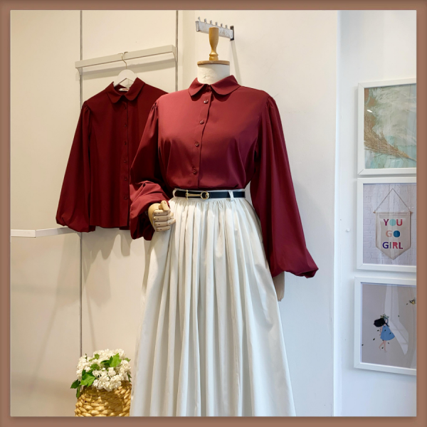 Bordo Bebe Yaka Balon Kol Poplin Gömlek