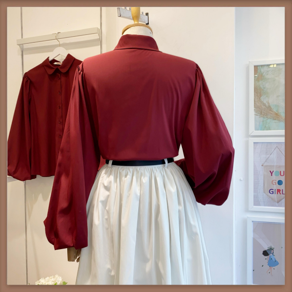 Bordo Bebe Yaka Balon Kol Poplin Gömlek