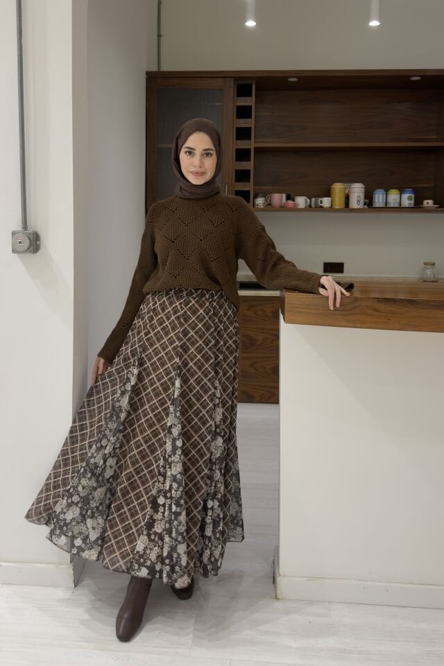 Kahverengi Ekose Desenli Şifon Olivia Etek