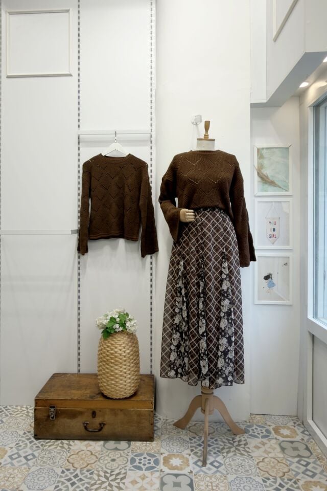 Kahverengi Ekose Desenli Şifon Olivia Etek