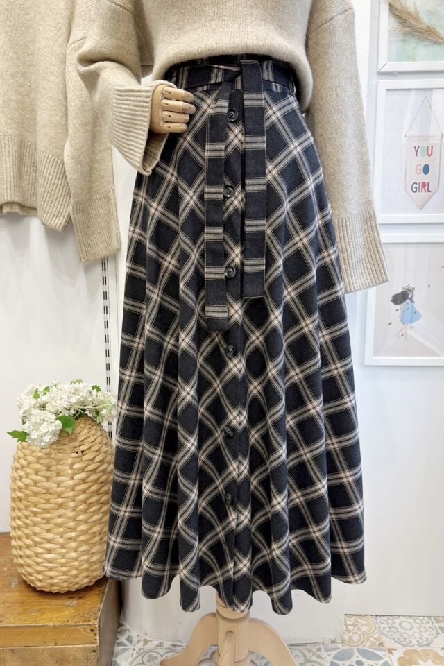 Antrasit Kuşak Detaylı Ekoseli Lorien Etek