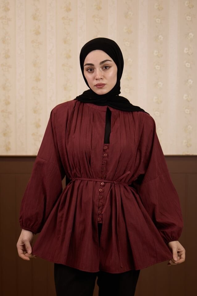 Bordo Nervür Dikişli Modal Tunik