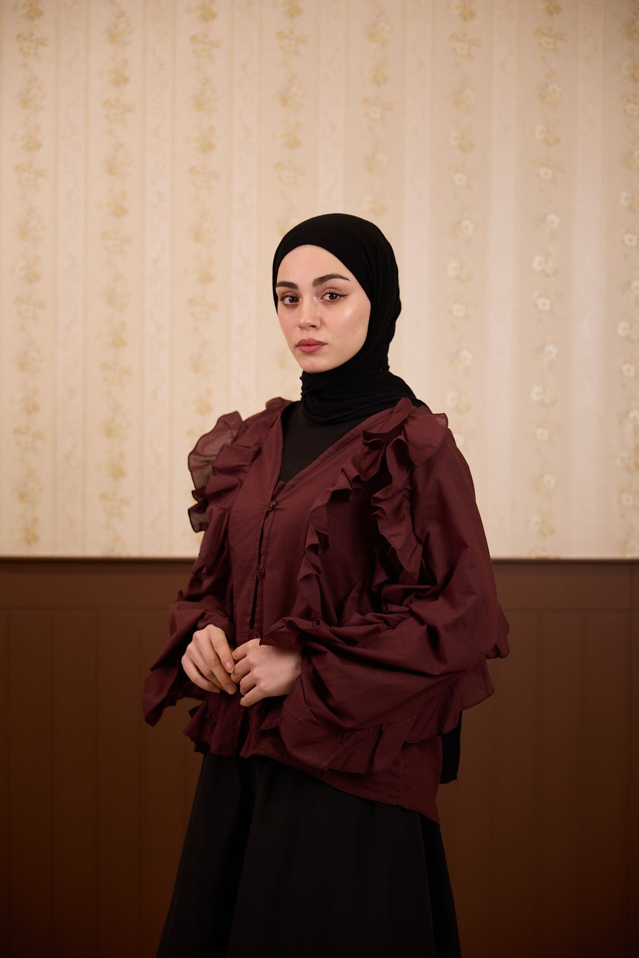 Bordo Volanlı Vual Keten Gömlek