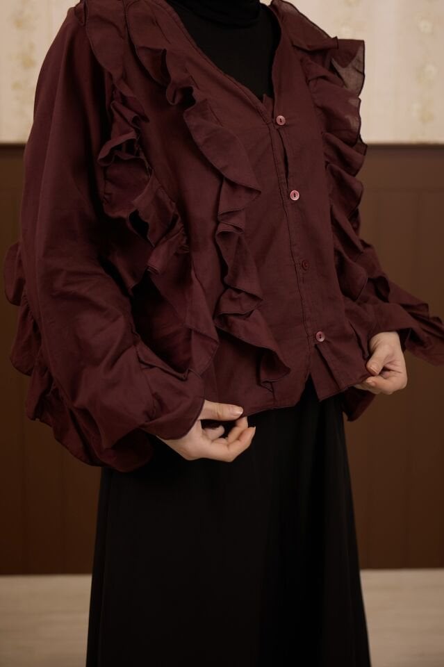 Bordo Volanlı Vual Keten Gömlek