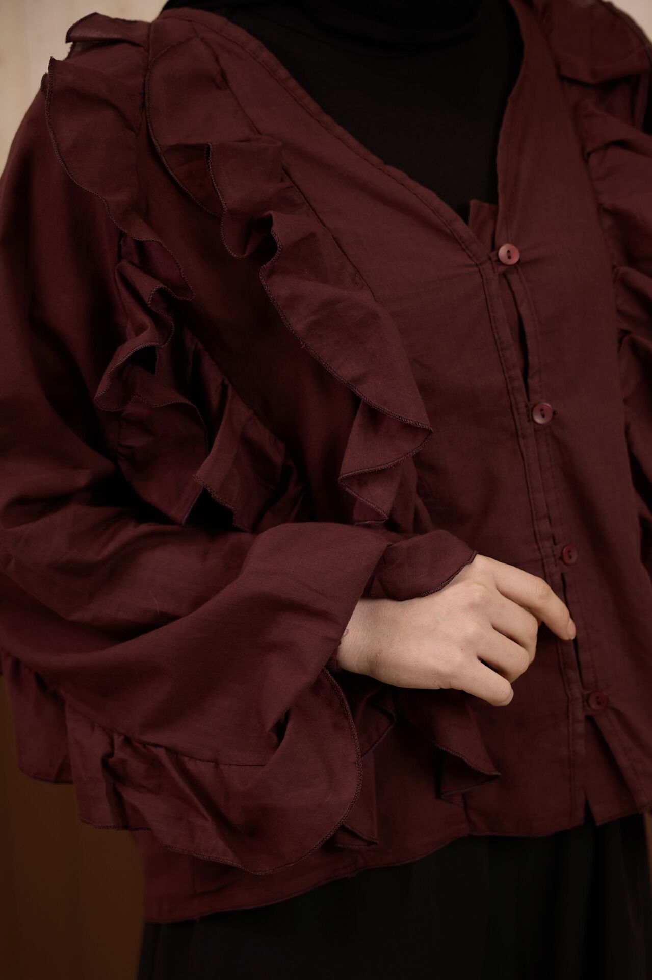 Bordo Volanlı Vual Keten Gömlek