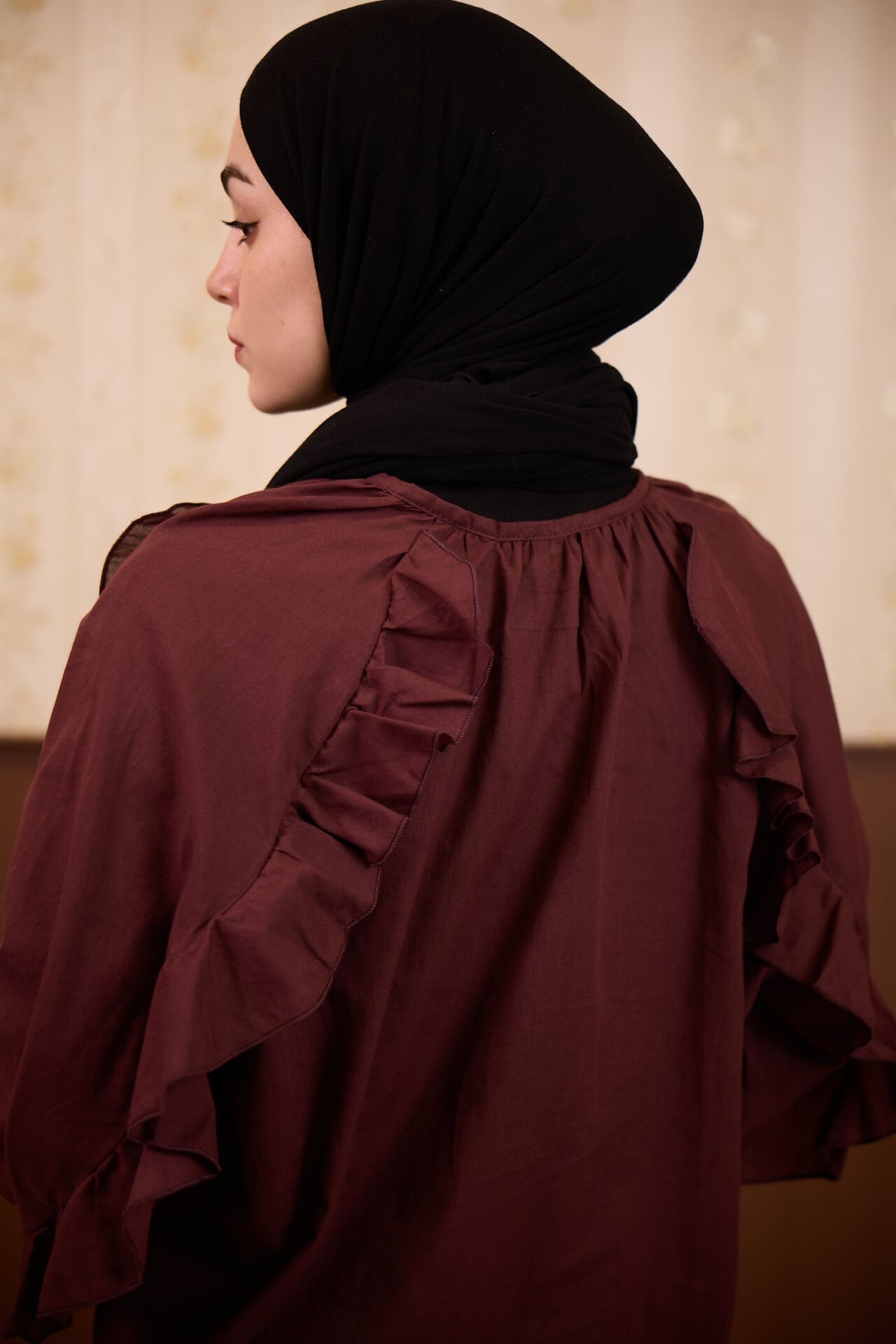 Bordo Volanlı Vual Keten Gömlek