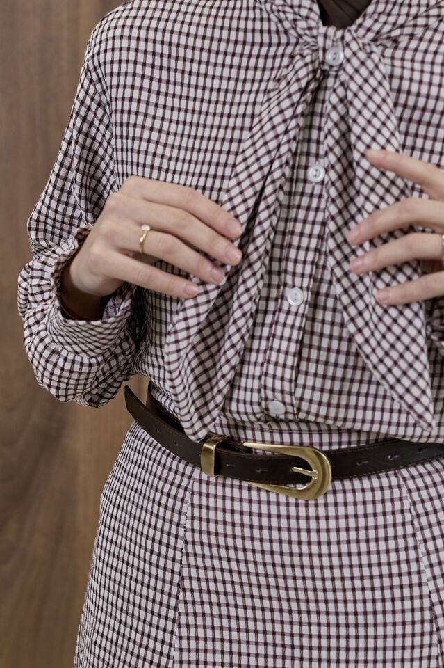 Krem Bordo Fular Yaka Detaylı Pötikareli Rowen Takım