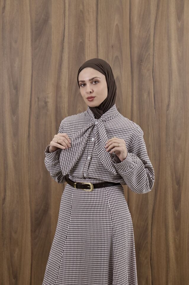 Krem Bordo Fular Yaka Detaylı Pötikareli Rowen Takım