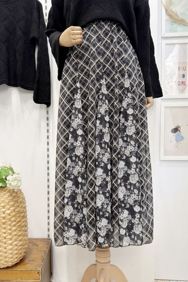 Siyah Ekose Desenli Şifon Olivia Etek