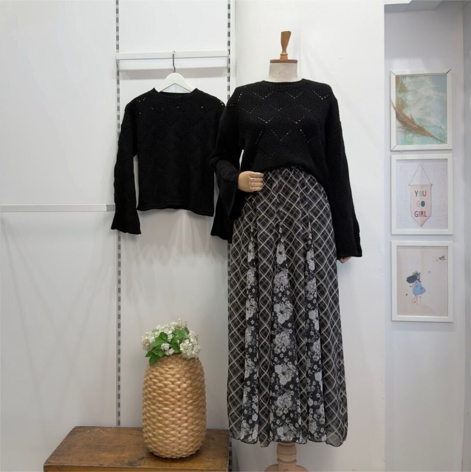 Siyah Ekose Desenli Şifon Olivia Etek