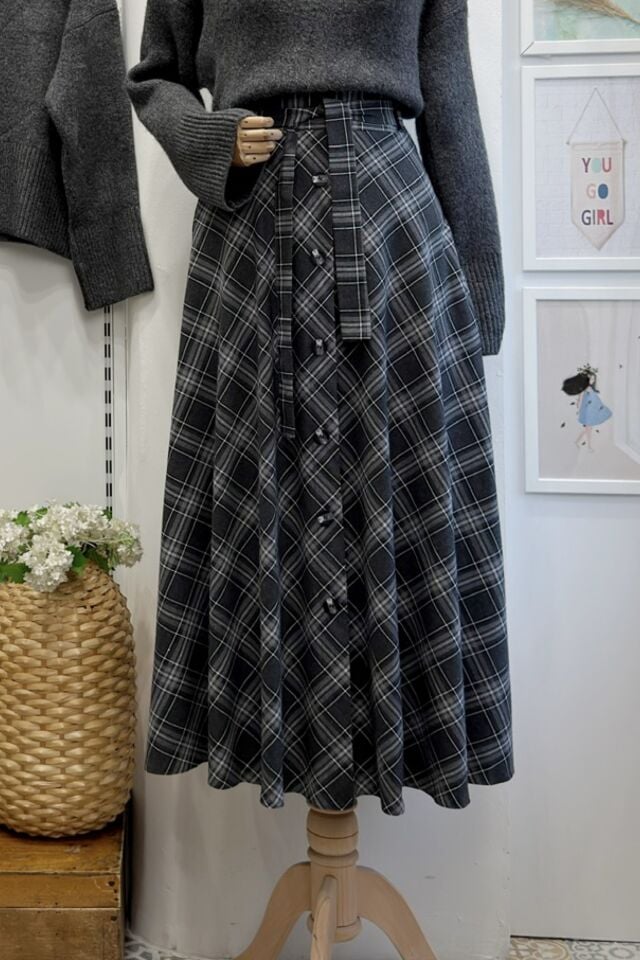 Gri Kuşak Detaylı Ekoseli Lorien Etek