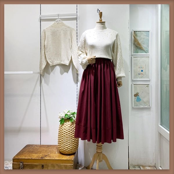 Dikiş detaylı bordo poplin etek