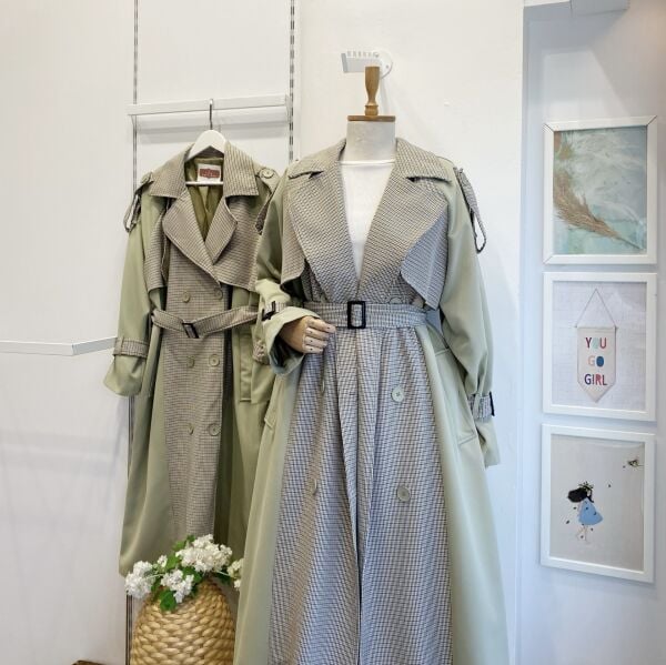 Mint Yeşili Ekose Detaylı Gabardin Kumaş Trençkot