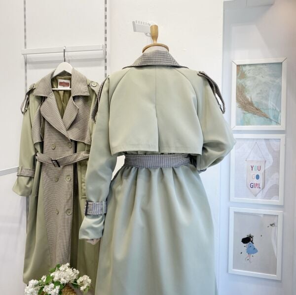 Mint Yeşili Ekose Detaylı Gabardin Kumaş Trençkot