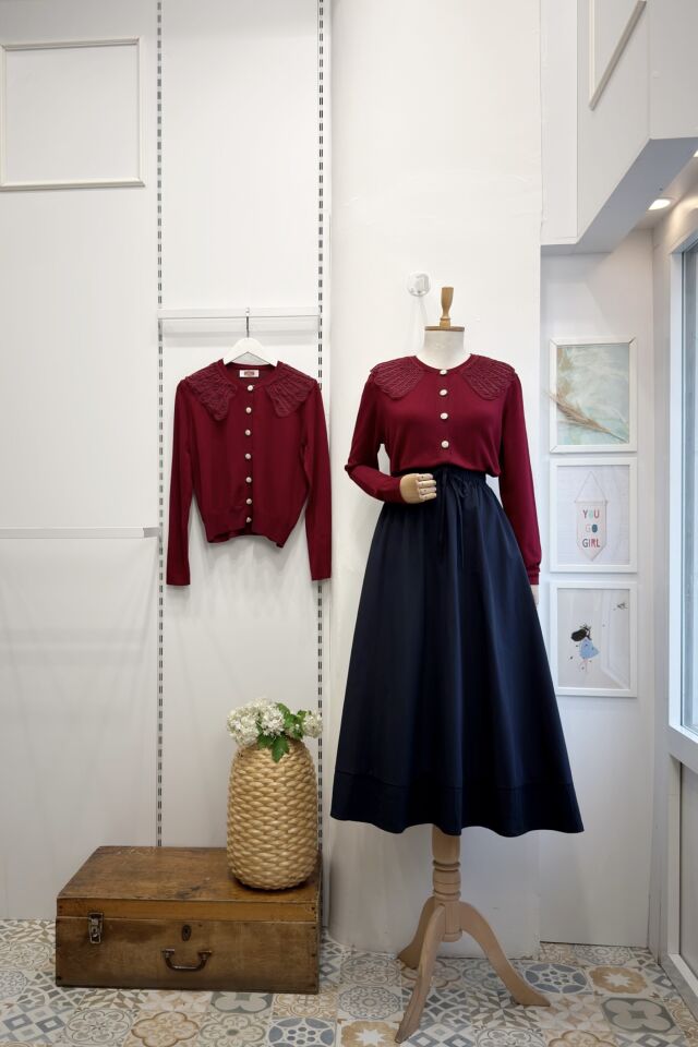 Bordo Taş Düğmeli Plior Hırka