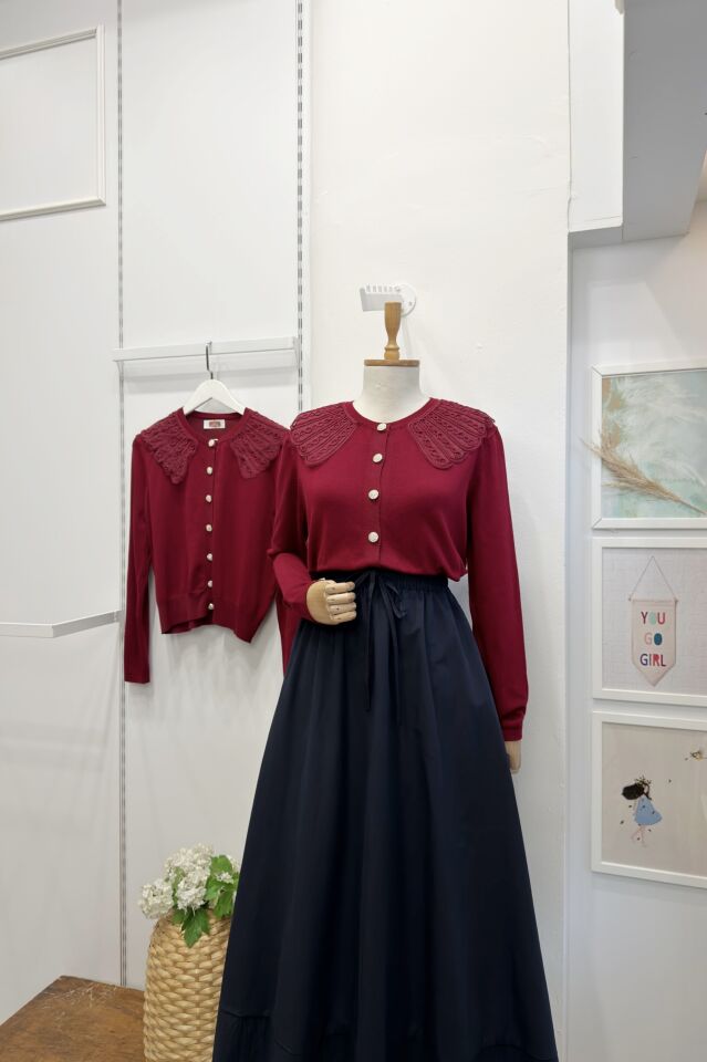 Bordo Taş Düğmeli Plior Hırka