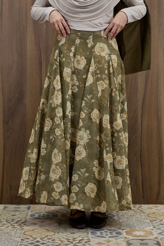 Yeşil Rosel Çiçek Desenli Şifon etek